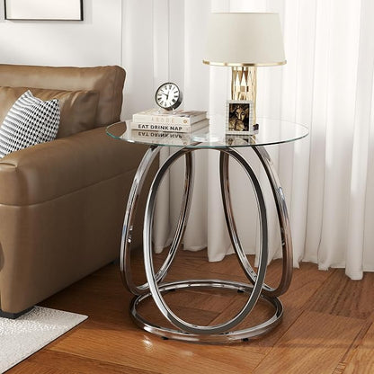 O&K FURNITURE Silver End Table for Living Room, Glass Side Table for Bedroom, Modern Round Glass Nightstand with Metal Frames for Home Office, Chrome Finish, 1 PC