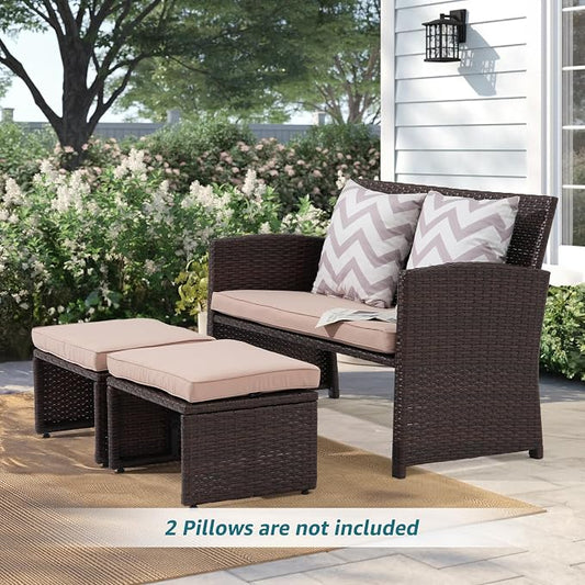 OC Orange-Casual Outdoor Loveseat 3 Piece Patio Furniture Set Outdoor Conversation Set All-Weather Wicker Love Seat with Ottoman/Side Table, Brown Rattan, Beige
