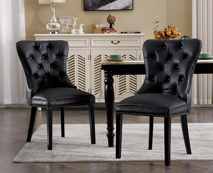 EALSON Modern Black Dining Chairs Set of 6 Mid Century Leather Dining Room Chairs with Wood Legs Tufted Upholstered Kitchen Side Chairs with Nail Head Trim for Dining Room/Living Room, Back with Ring