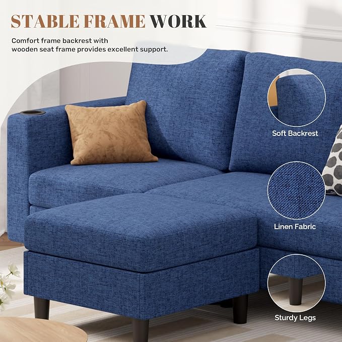 Luxanimarion Upholstered Sectional Sofa and Couches, 78'' L Shaped 3-seat Sofa forLiving Room, Apartment, Lounge,Bedroom-Washable Covers Convertible Sofas(Linen Fabric,Blue)