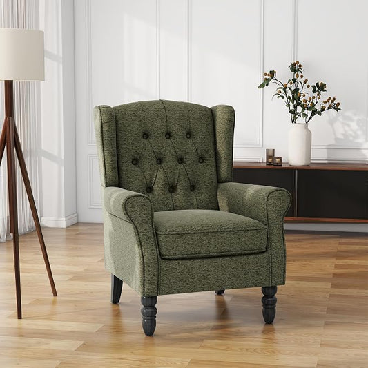 High Back Accent Chair, Fabric Upholstered Armchair Wingback Chair for Living Room, Comfy Single Sofa Solid Wood Legs Bedroom Side Reading Seat - Olive Green