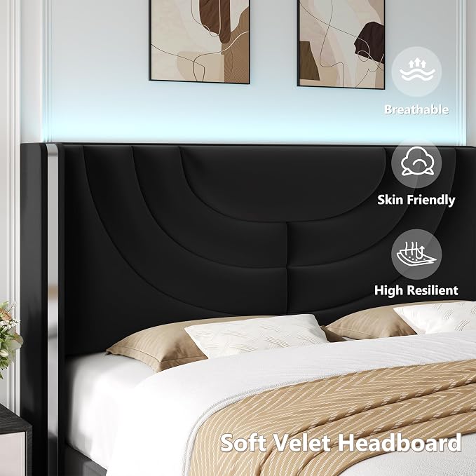 HITHOS Queen Upholstered LED Bed Frame with 2 Storage Drawers, Velvet Platform Bed with Wingback Headboard, Solid Wooden Slats Support, No Box Spring Needed, Headboard Splicing Design, Black