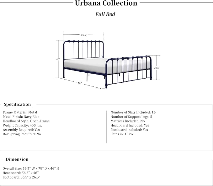 Lexicon Full Metal Bed Frame, Platform Bed with Strong Metal Slat Support Under Bed Storage, Full Bed Frame with Headboard, No Box Spring Needed, Easy Assembly, Full, Navy Blue