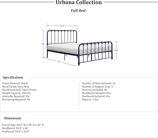 Lexicon Full Metal Bed Frame, Platform Bed with Strong Metal Slat Support Under Bed Storage, Full Bed Frame with Headboard, No Box Spring Needed, Easy Assembly, Full, Navy Blue