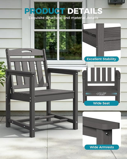 Ciokea HDPE Outdoor Patio Dining Chairs Set of 2, All-Weather Porch Chair with Wide Seat, Durable Outdoor Furniture for Backyard, Garden, Lawn & Poolside, Grey