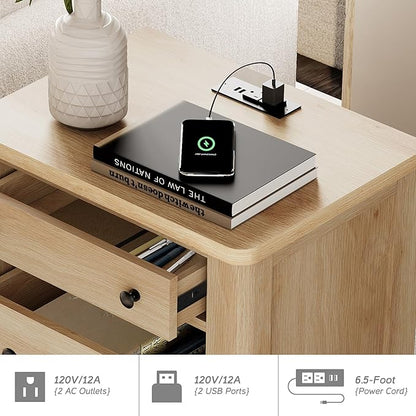 WAMPAT 4 Piece Bedroom Set - Includes Farmhouse 3 Drawer Storage Cabinet, Set of 2 Bedside Tables with Charging Station, Dresser and Nightstand Sets, Oak