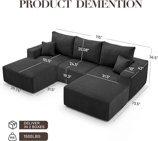 Living&Giving 115" Modular Cloud Boneless Couch, U Shaped Sectional Sofa with Chaise, Corduroy Floor Couch for Living Room, High-Density Foam & Firm Lumbar Support for Apartment, Black