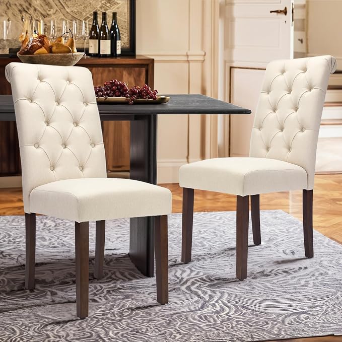 COLAMY Tufted Dining Chairs Set of 4, Accent Parsons Diner Chair Upholstered Fabric Stylish Kitchen Chairs with Solid Wood Legs and Padded Seat, Beige