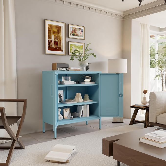Blue Metal Locker CabinetsMetal Locker Storage Cabinet with Mesh Doors and Adjustable Shelves Coffee Bar Cabinet,Kitchen Pantry Storage Cabinets for Home, Office, Entryway and Hallway