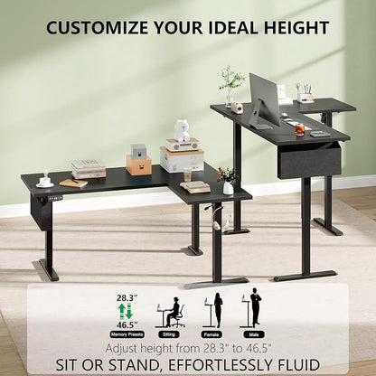63” L Shaped Electric Standing Desk, Height Adjustable Computer Desk with LED Screen & Memory Presets, Ergonomic Sit to Stand Desk with Headphone Hook for Home, Office and Workstation, Dark Black