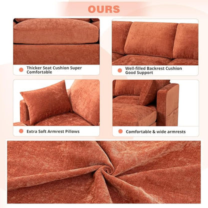 110” Chenille 4-Seats Sofa W/Two Movable Ottomans, Orange | Modern Fabric U-Shaped Couch w/Soft Backrests, Upholstered Sectional Sofa w/Arm Pillows for Living Room, Office