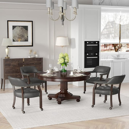 LEEMTORIG Set of 6 Dining Chairs with Casters and Arms, Rolling Dining Chairs with Wheel for Elderly, Ergonomic Wide Seat Wood Office Desk Chairs, 26"Dx25.2"W, Espresso Legs&Dark Grey Fabric SY-318-GY