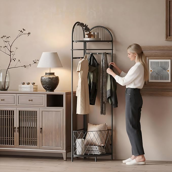 HKaikzo Corner Hall Tree, Coat Rack with 6 Metal Movable Hooks and Storage Basket Coat Rack Design Clothing Rack for Bedroom Entryway Hallway