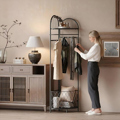 HKaikzo Corner Hall Tree, Coat Rack with 6 Metal Movable Hooks and Storage Basket Coat Rack Design Clothing Rack for Bedroom Entryway Hallway