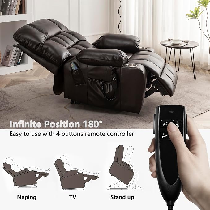 JIKFRIMA Power Lift Recliner Chair for Elderly, Dual Motor Lift Chair with Heat and Massage, Lay Flat Lift Chair for Adults, Cup Holders, Lumbar Pillow, Faux Leather, Reddish Brown