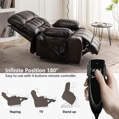 JIKFRIMA Power Lift Recliner Chair for Elderly, Dual Motor Lift Chair with Heat and Massage, Lay Flat Lift Chair for Adults, Cup Holders, Lumbar Pillow, Faux Leather, Reddish Brown