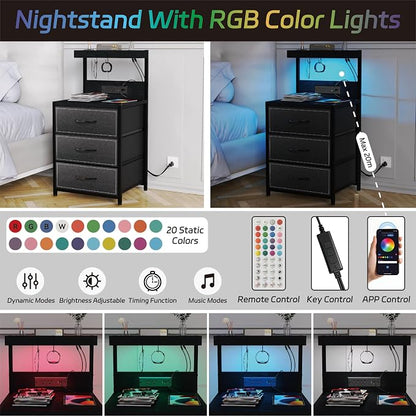 SZLHANJZ LED Nightstand Set of 2, Night Stand with 3 Drawers and Type C Charging Station, Storage End Table with Shelf and Hooks, Large Bedside Table for Dorm Bedroom, Black