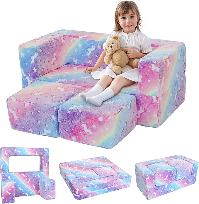 MeMoreCool Glow in the Dark Kids Couch – Modular Fold-Out Toddler Sofa (Rainbow) | Convertible Play Couch for Bedroom & Playroom; Chair, Bed, Fort or Ball Pit; Machine-Washable Velour Cover