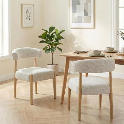 VKNOW Wooden Dining Chairs Set of 2, Modern Upholstered Dining Room Chairs with Rubberwood Legs and Curved Backrest, Fabric Kitchen Chairs for Farmhouse/Living Room/Dining Room, Heathered Off-White