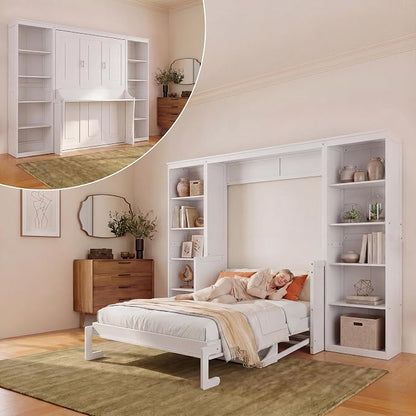 Olela Murphy Bed Full Size with Desk & Storage, Vertical Murphy Wall Bed Cabinet Desk & Bookcase Storage Combo, Space Saving Hideaway Beds for Home Office Guest Room, White