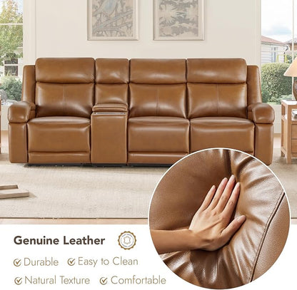 Watson & Whitely Genuine Leather Power Recliner Sofa, 3 Seater Wall Hugger Reclining Sofas with Storage Console, Power Headrest, USB, Electric Recliner Couch Set for Living Room, Saddle Brown