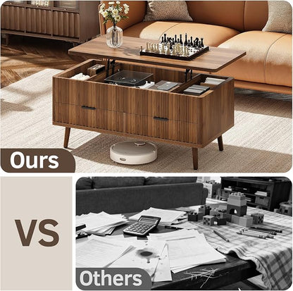 Lift Top Coffee Table with Storage - Fluted Wood Coffee Tables for Living Room with Drawers & Hidden Compartment, Mid Century Modern Square Large Center Table for Home Office Reception Walnut