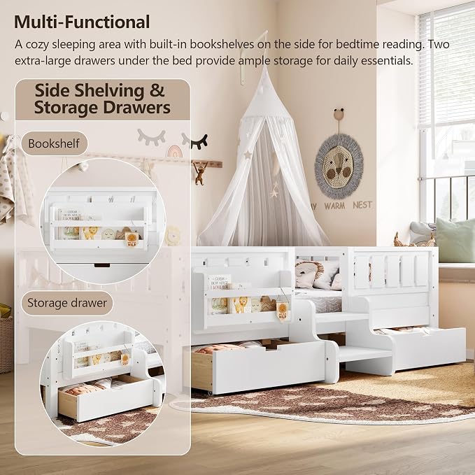 Bellemave Full Size Bed with Slats and Stairs, Full Size Platform Bed Frame with Fence, Bookshelf and Storage Drawers, Easy Assemble Beds for Kids, Girls, Boys, White