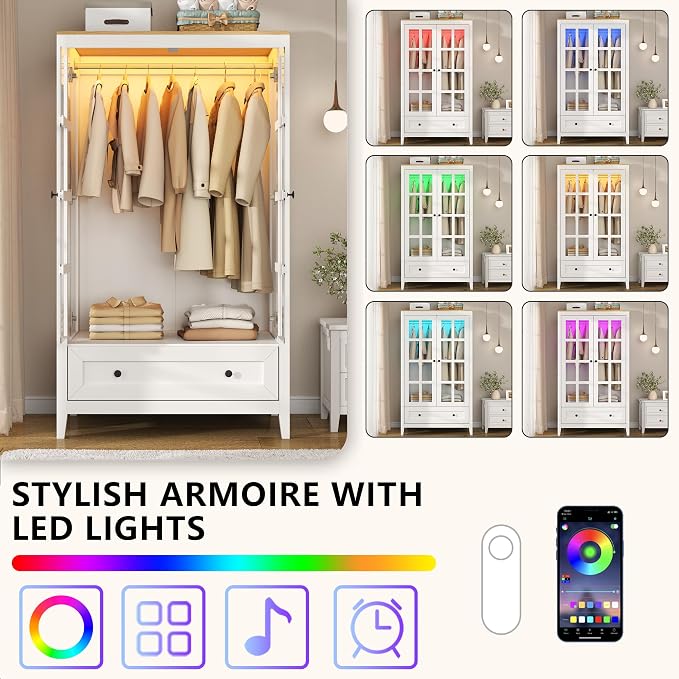 Loomie Armoire Wardrobe Closet with LED Lights, Bedroom Freestanding Armoire Display Cabinet with Glass Doors and Drawer, Large Clothing Storage Cabinets with Hanging Rod for Bedroom