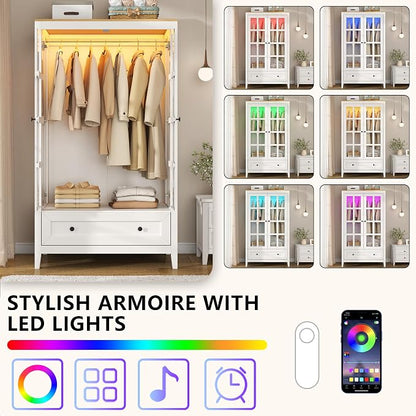 Gyfimoie Armoire Wardrobe Closet with LED Lights, 55'' Modern Clothing Storage Cabinet with Glass Doors and Drawer, Large Wardrobe Cabinet with Hanging Rod for Bedroom