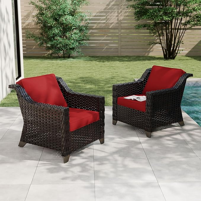 Patio 2 Pieces Wicker Chairs Set of 2，Outdoor PE Rattan Armchairs, Water-Resistant Cushions with Removable and Washable Covers, Porch, Balcony, Sunroom (Red)