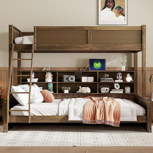 Wood Bunk Bed Twin XL Over Queen Size with Built-in Storage Cabinets and USB Ports, Versatile Bunk Bed Frame with Ladder and Guardrail for Kids Teens Adult, Maximize Space (Wood-T-Q)