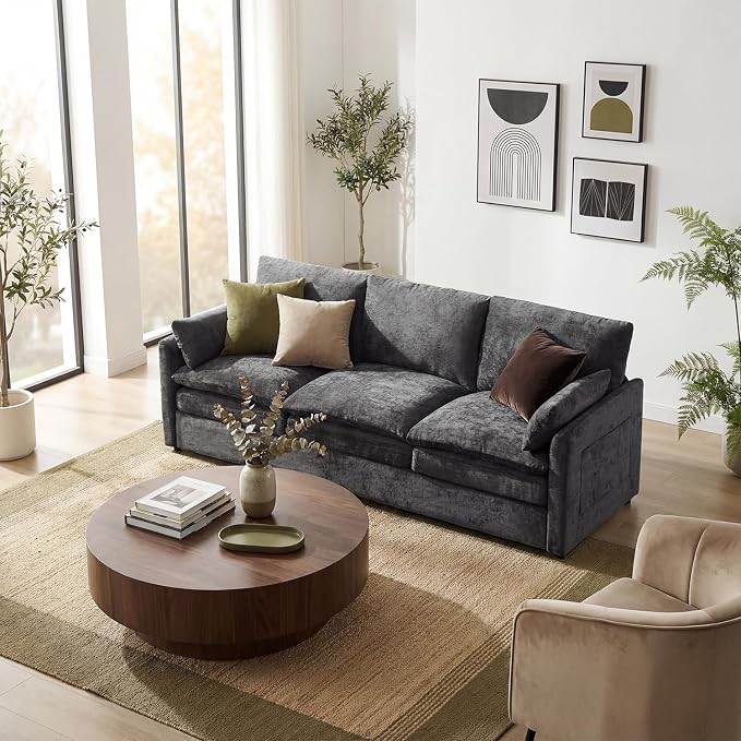 Iroomy 83" Chenille Cloud Couch, Modern Sofa 3 Seater, Comfy Plush Thick Cushions, Pocket Springs, Cloud-Like Comfort Sofas for Small Living Room Apartment, Dark Gray | 9.5" Thick Cushions