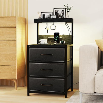 SZLHANJZ LED Nightstand Set of 2, Night Stand with 3 Drawers and Type C Charging Station, Storage End Table with Shelf and Hooks, Large Bedside Table for Dorm Bedroom, Black