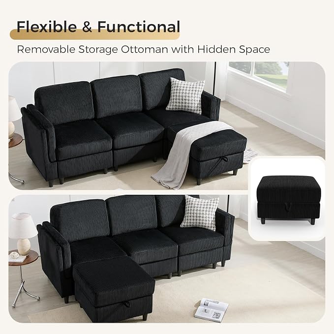 KKL Sleeper Sofa Couch - 4 Seater L Shape Modular Sectional Sofa Bed with Storage Ottoman, Convertible L/U-Shaped Sleeper Couch for Living Room, Modern Reversible Design