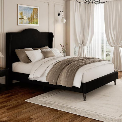 Full Size Bed Frame with Wingback Headboard, Upholstered Velvet Platform Bed Frame, Heavy Duty Wooden Slats Support, Noise-Free, No Box Spring Needed, Minimalist Style, Black