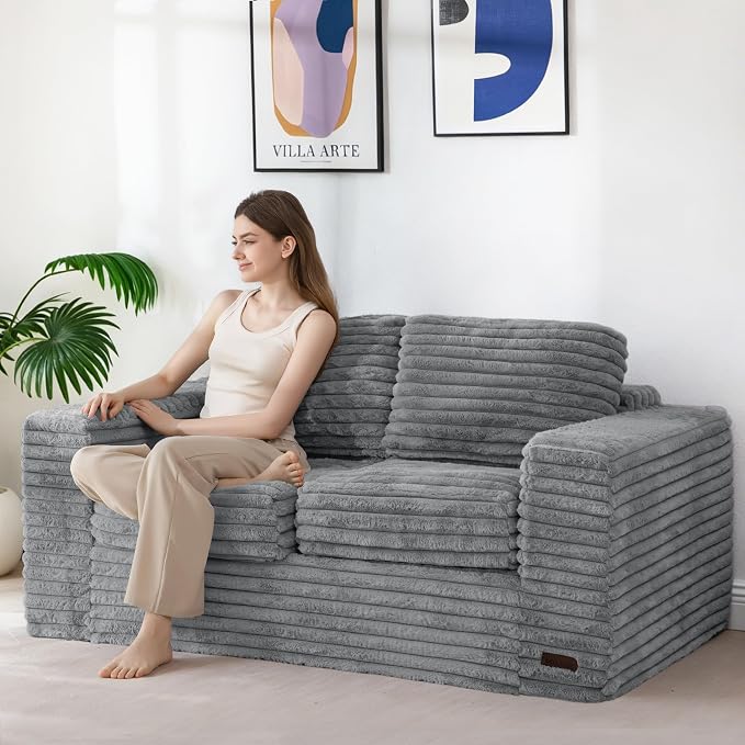 MAXYOYO Boneless Loveseat Sofa Couch for Adults, Floor Bean Bag Couch Sofa | Faux Fur Sofa with Armrests and Back Support, Plush Foam Filled Lounge Couch, Cozy Bean Bag Couch for Living Room, Apartment