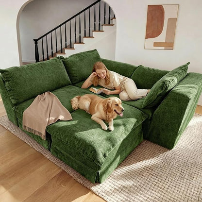 Claiks 123" Modular Boneless Couch, L Shaped Couch for Living Room, Modern Deep Seat Sofa 3 Seater Chenille Fabric Comfy Cloud Couches with Movable Ottoman, Dark Green