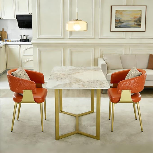 Atoll Modern Accent Dining Chairs Set of 2 with Upholstered PU Leather Seat & Curved Back, Metal Legs, Mid-Century Kitchen Chair for Dining Room, Living Room or Office (2, Orange)