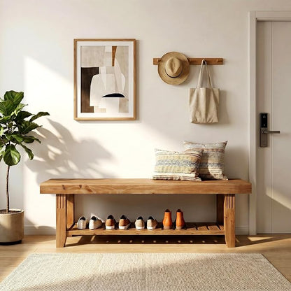 LITTLE TREE 63" Solid Wood Entryway Bench, Rustic Wooden Shoe Bench with Slatted Storage Shelf, Heavy Duty Indoor Bench for Hallway, Bedroom, Living Room, Dining Room