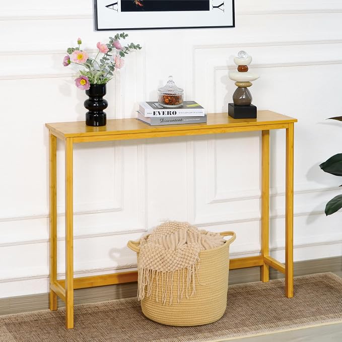 Bamboo Narrow Console Table, 39.4"(L) Wood Small Entryway Table, Accent Slim Hallway Tables, Thin Sofa Side Tables for Hallway, Living Room, Bedroom, Foyer, Burlywood