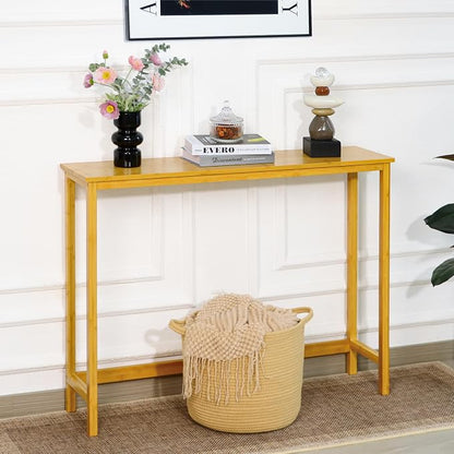 Bamboo Narrow Console Table, 39.4"(L) Wood Small Entryway Table, Accent Slim Hallway Tables, Thin Sofa Side Tables for Hallway, Living Room, Bedroom, Foyer, Burlywood
