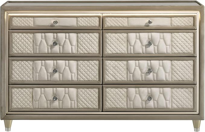 Coaster Home Furnishings - Lorient - Wood and Velvet - 8-Drawer Dresser with LED Lighting, Quilted Fronts and Crystal Knobs - Bedroom - Ivory and Camel - 222663