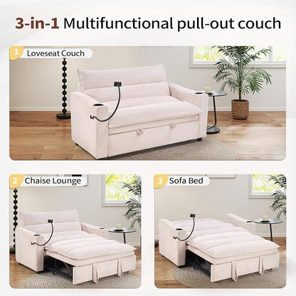 HAOMARKETS 3-in-1 Convertible Loveseat Sleeper Sofa Bed, 2-Seat Pull Out Couch with Cup Holders, Phone Holder and USB Ports, Corduroy 3-Level Adjustable Backrest Couches for Living Room, Beige