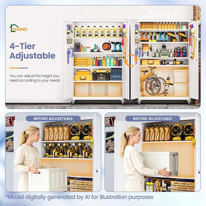 Metal Garage Storage Cabinet with Locking Doors and Adjustable Shelves, Wide & Deep Storage Cabinet on Wheels, 71" Rolling Tool Cabinet for Garage, Basement, Home Office