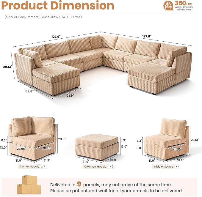 ovios Modular Sectional Sofa Couch with U-Shape Chaise Ottomans, Comfy Plush Corduroy Cloud Couches, Modern Luxury Deep Seat Sofas Set for Living Room, 9-Seater, Beige