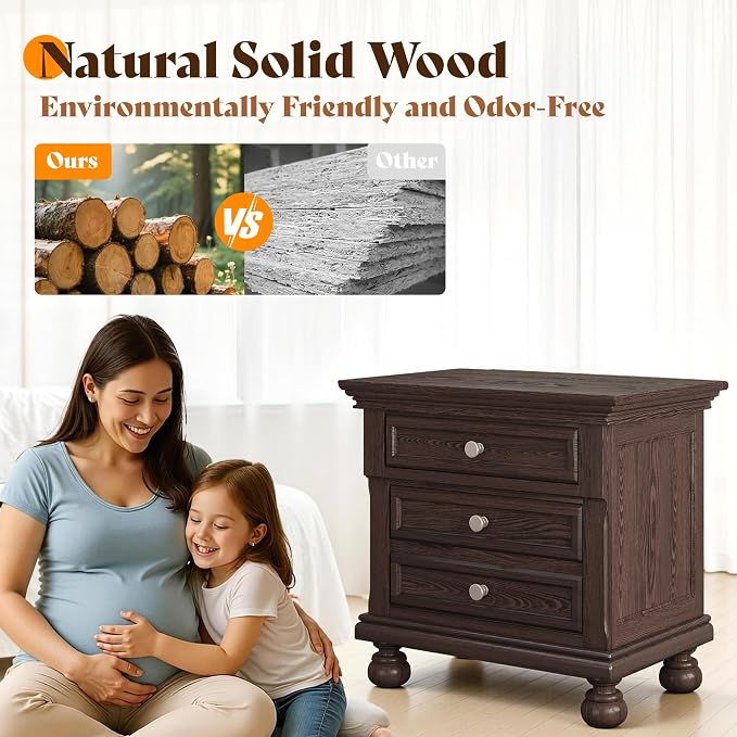 AMERLIFE Solid Wood 3 Piece Bedroom Set Including 65.2" High King Bed Frame, Fully Assembled Nightstands Set of 2 with 2 Storage Drawers for Bedroom, Dark Brown