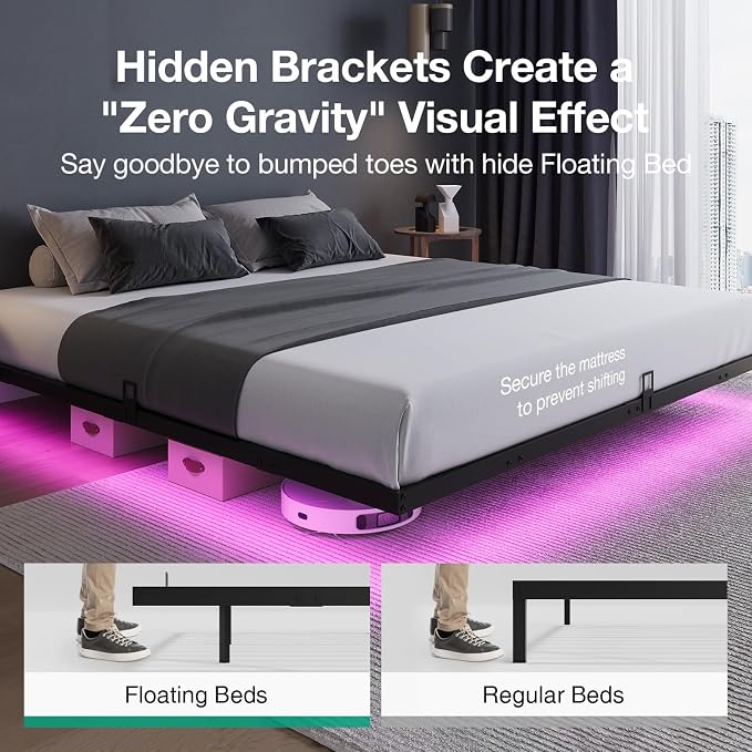 Novilla Floating Bed Frame with LED Lights, Modern Platform King Size Bed Frame with Mattress Slide Stopper, Easy Assembly, No Box Spring Needed, Noise Free