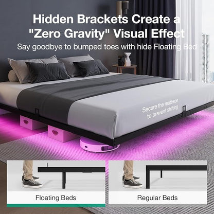 Novilla Floating Bed Frame with LED Lights, Modern Platform King Size Bed Frame with Mattress Slide Stopper, Easy Assembly, No Box Spring Needed, Noise Free