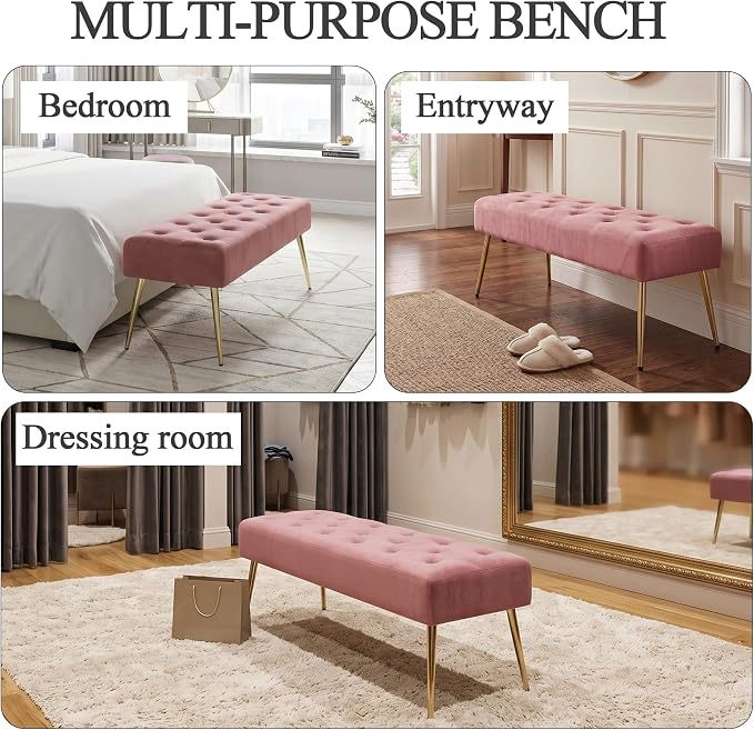 DUHOME Modern Velvet Ottoman Bench, Button-Tufted Upholstered Bedroom Benches,End of Bed Bench with Gold Base for Entryway Living Room Dining Room, Pink