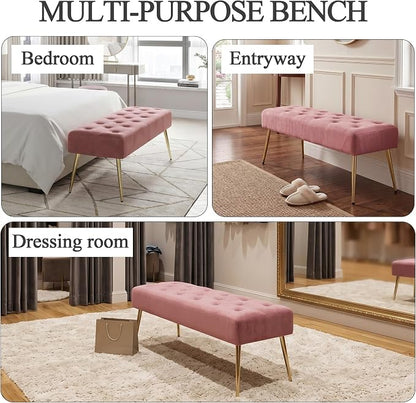 DUHOME Modern Velvet Ottoman Bench, Button-Tufted Upholstered Bedroom Benches,End of Bed Bench with Gold Base for Entryway Living Room Dining Room, Pink